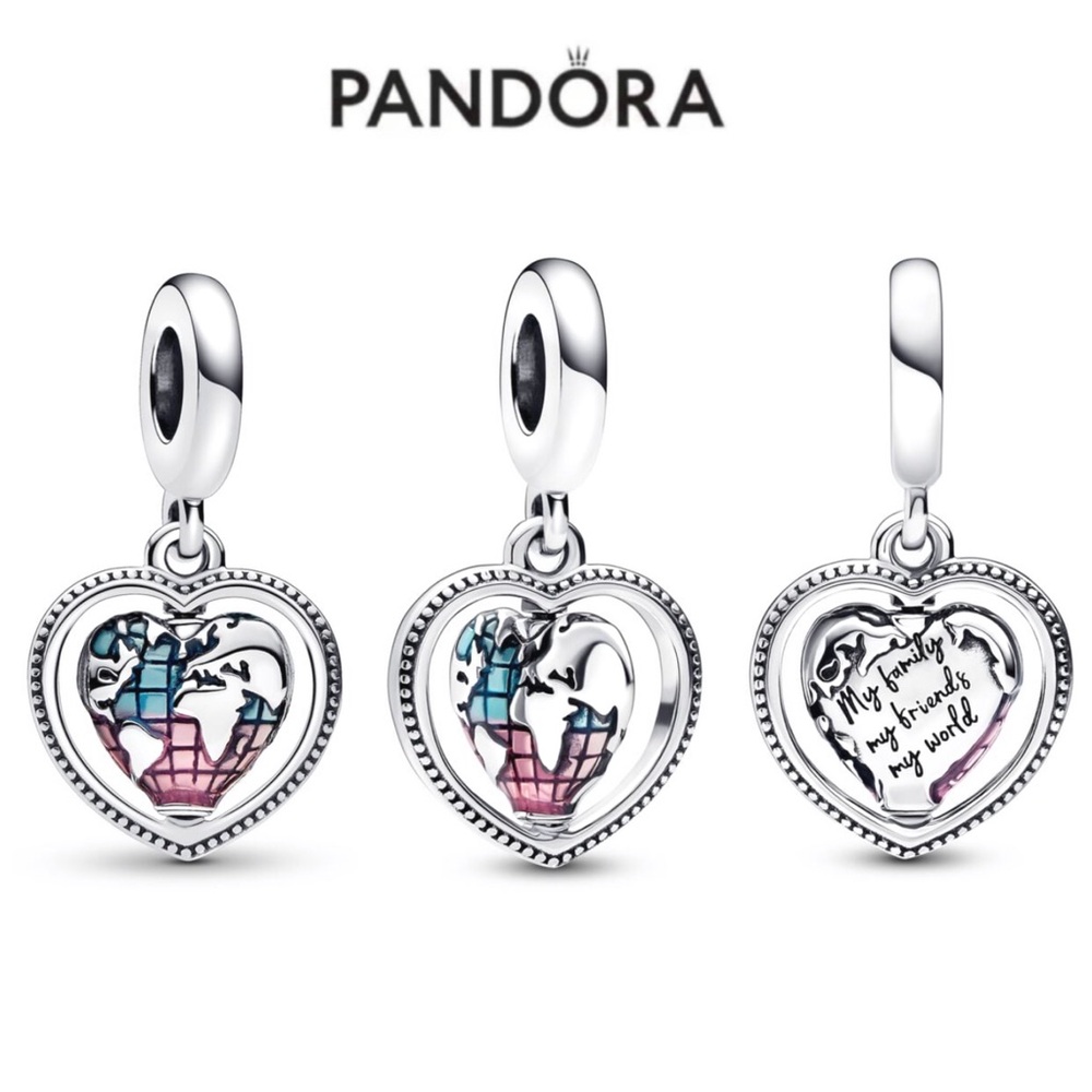 PANDORA Family Spinning Heart Globe Dangle Charm w/box